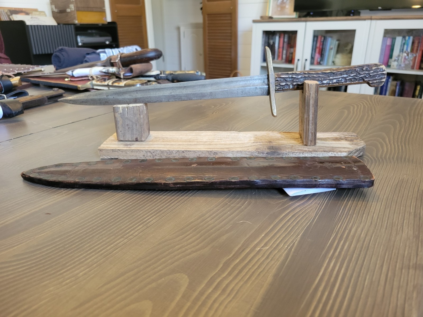 Antique Mid-1800s Stag Handle Fighting Knife with Sheath