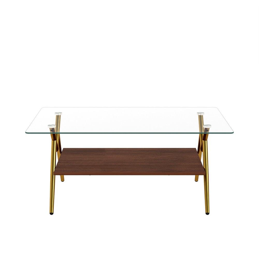 Tempered Glass Coffee Table Rectangular Coffee Table with Storage Shelf