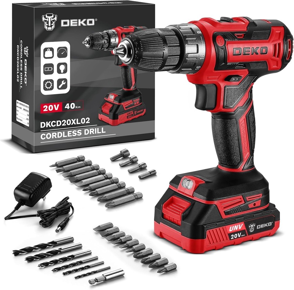 DEKO PRO Red Cordless Drill - Lightweight 20V Kit with Comprehensive Bits Set