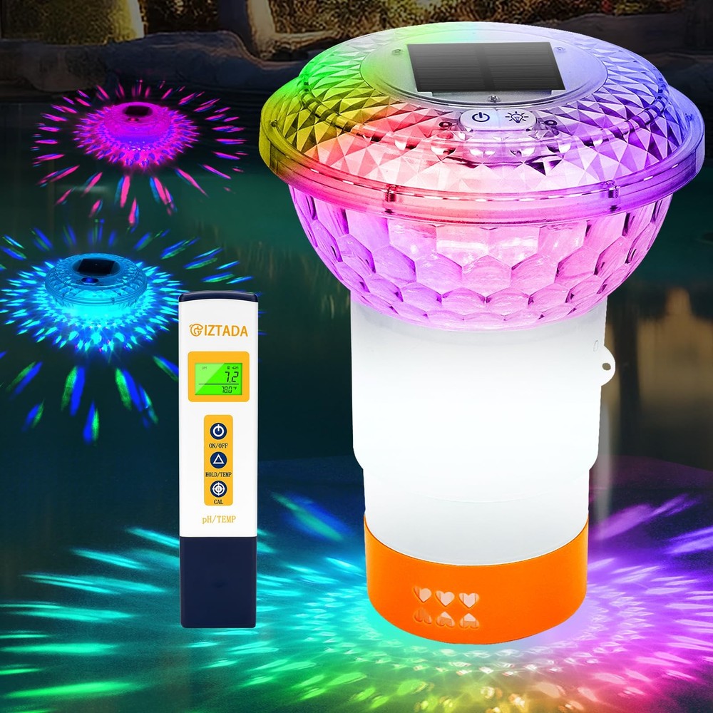 Solar Pool Chlorine Floater with Lights and Pool Water pH Testing Kit, Pool L...