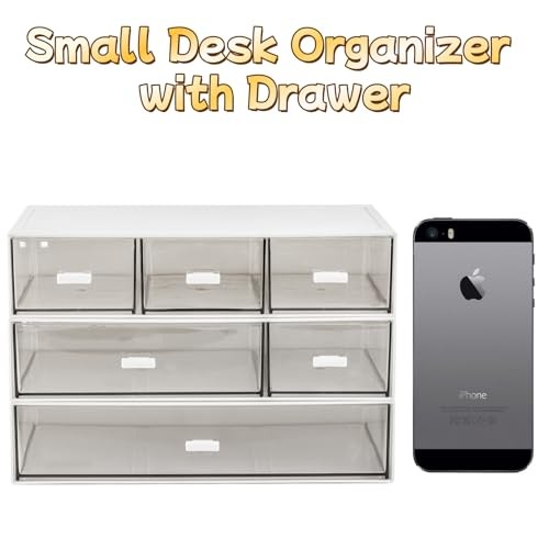 3 Tier Small Desk Organizer with Drawer, Stackable Desktop Storage Box,