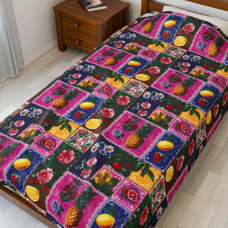 Boho Fruit Patchwork Velveteen Blanket Playful Decor