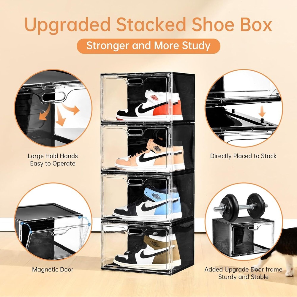 13x10.6x8.3” 8PC Shoe Boxes Stackable Large Drop Side Shoe Storage Organizer
