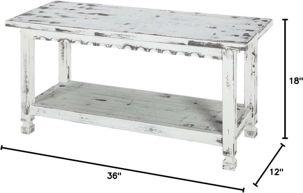 Rustic Cottage Bench with 1 Shelf, White Antique