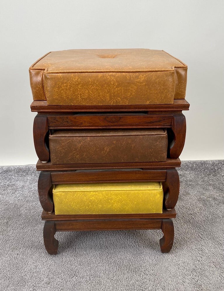 Mid-Century Modern Leather Nesting Stackable Ottoman Stools, 3 Pcs