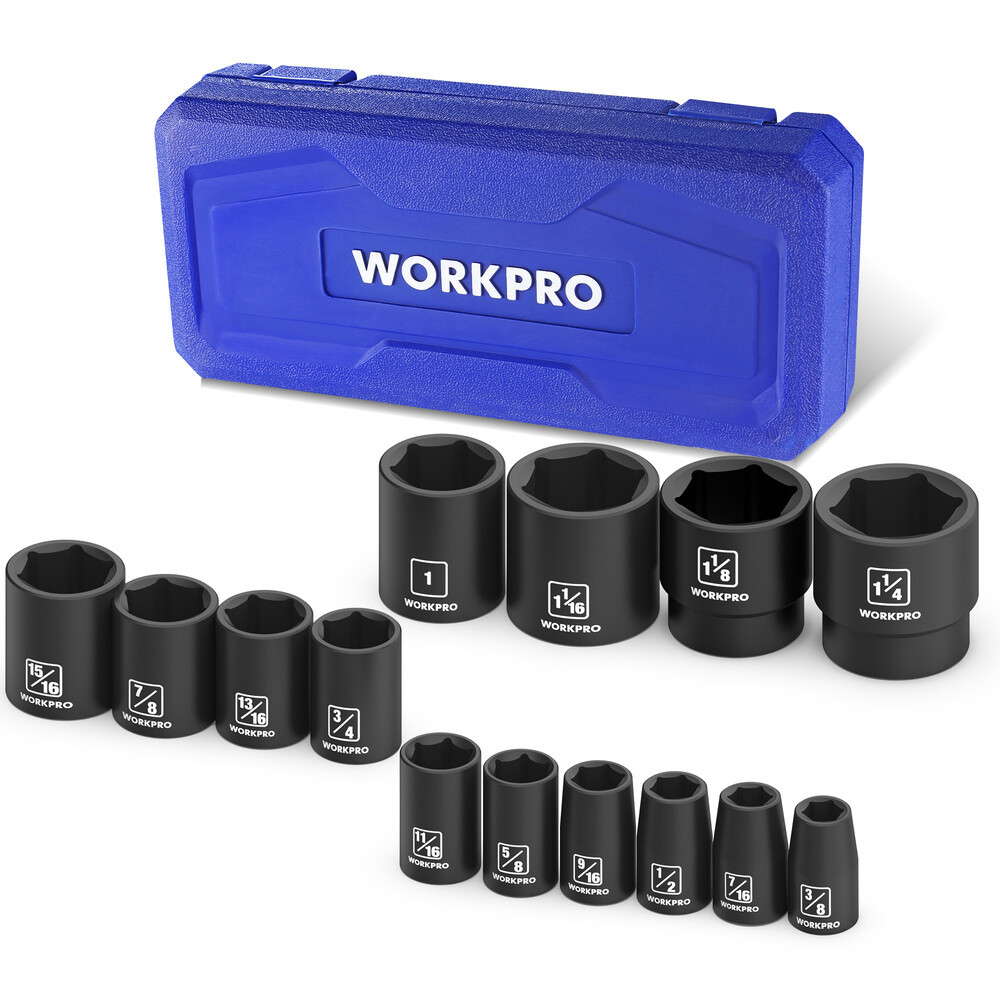 WORKPRO 14PC 1/2" Drive Shallow Impact Socket Set SAE 3/8”-1-1/4" 6-Point Socket