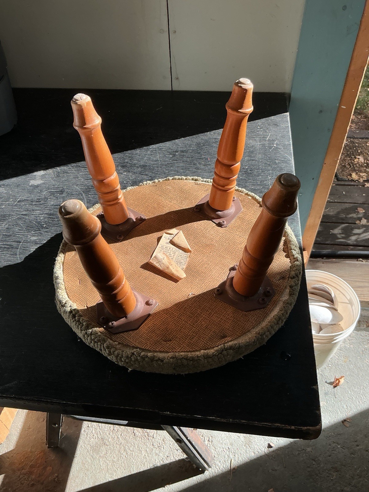 Round Footstool Floral Hooked Rug Top Wooden Legs MCM USA Babcock Phillips