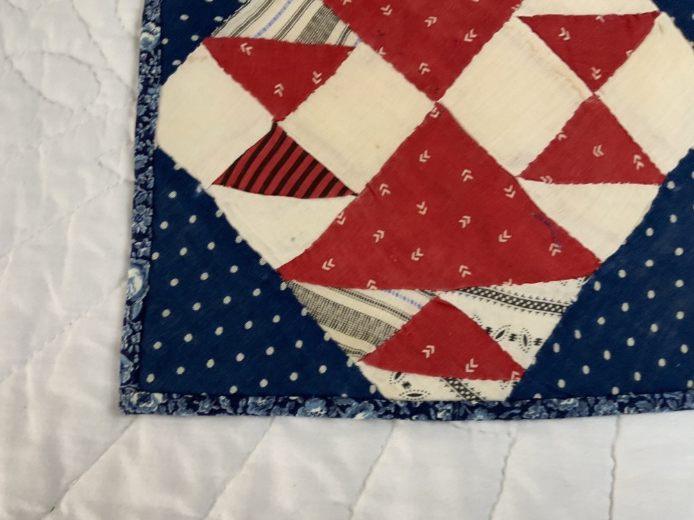 Antique Vintage Patchwork Quilt Table Topper, Four Patch W/ Triangles, Red, Navy