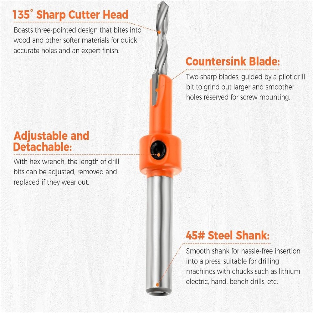 5 x Adjustable Countersink Drill Bits Set For Home Repairs Craftsmanship DIY