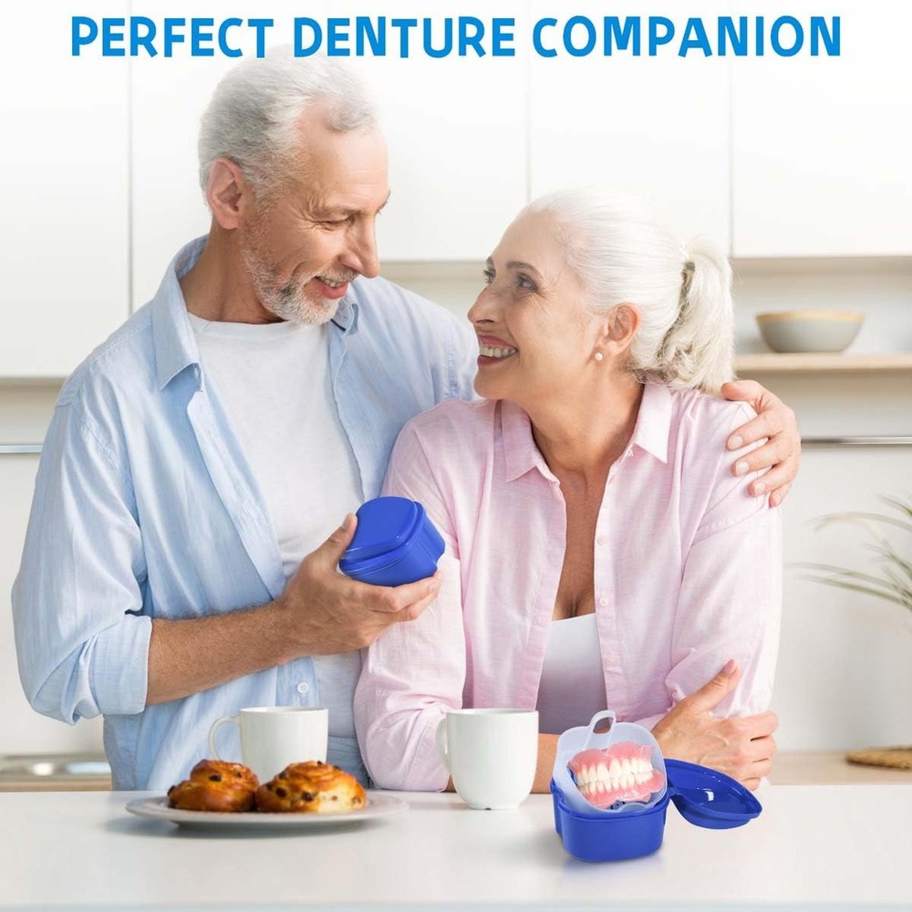 White Denture Bath Case Cup Box Holder Storage Soak Container with Strainer B...