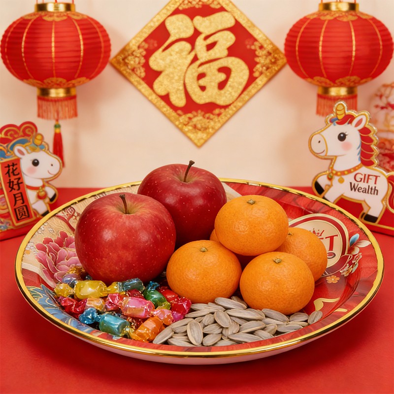 New Year Red Fruit Tray Gold Edge Decorative Auspicious Pattern Party Tableware