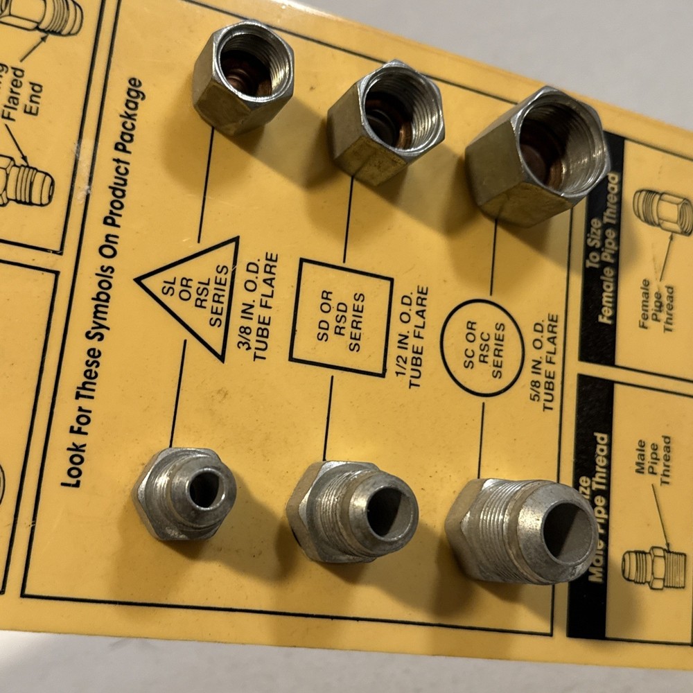 Brass Craft Gas Connector Sizing Guide Tool Board display Size Thread samples