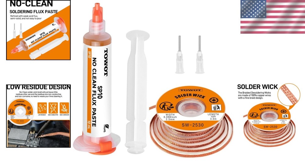 Professional 10ft Solder Wick & 10cc Flux Paste - Low Residue Electronics Kit