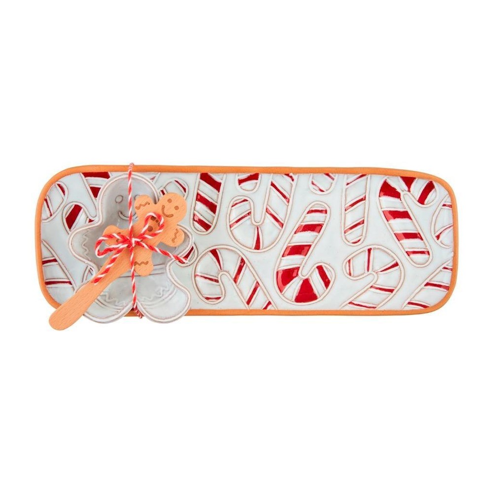 Mud Pie Candy Cane Hostess Serving Tray Gingerbread Man Dip Cup Spreader Set