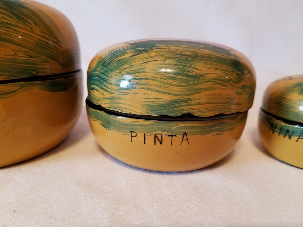 Vtg Lacquer Handpainted Nesting Boxes - Nautical Theme - Santa Maria & Pinta