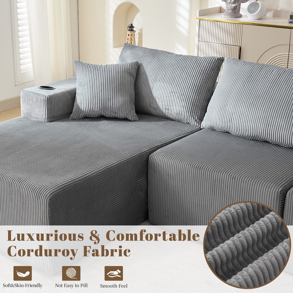 L Shaped Corduroy Sofa Cloud Couch Compression Boneless Sofas w/ 5 Throw Pillows