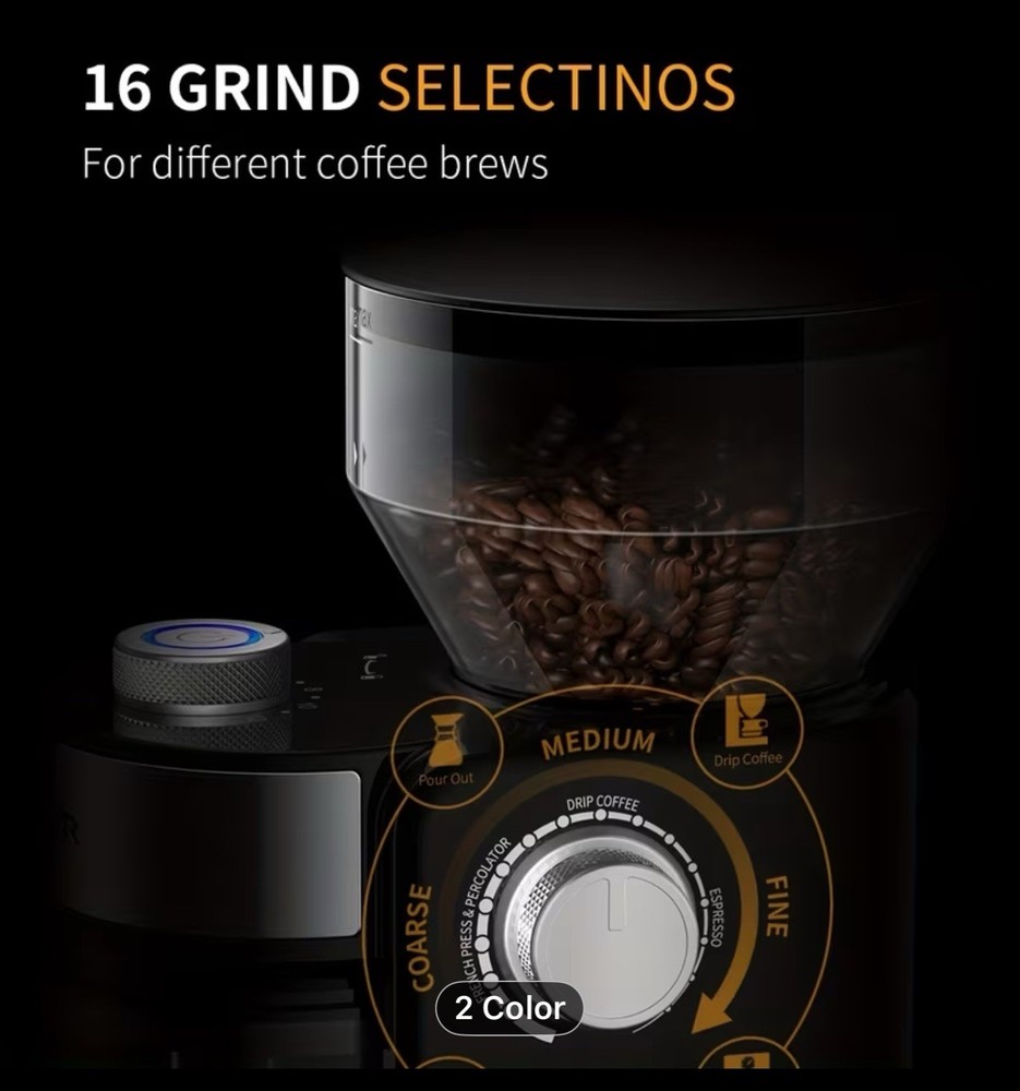Electric Coffee Grinder with Adjustable Burrs 16 Precise Grinder Settings Black