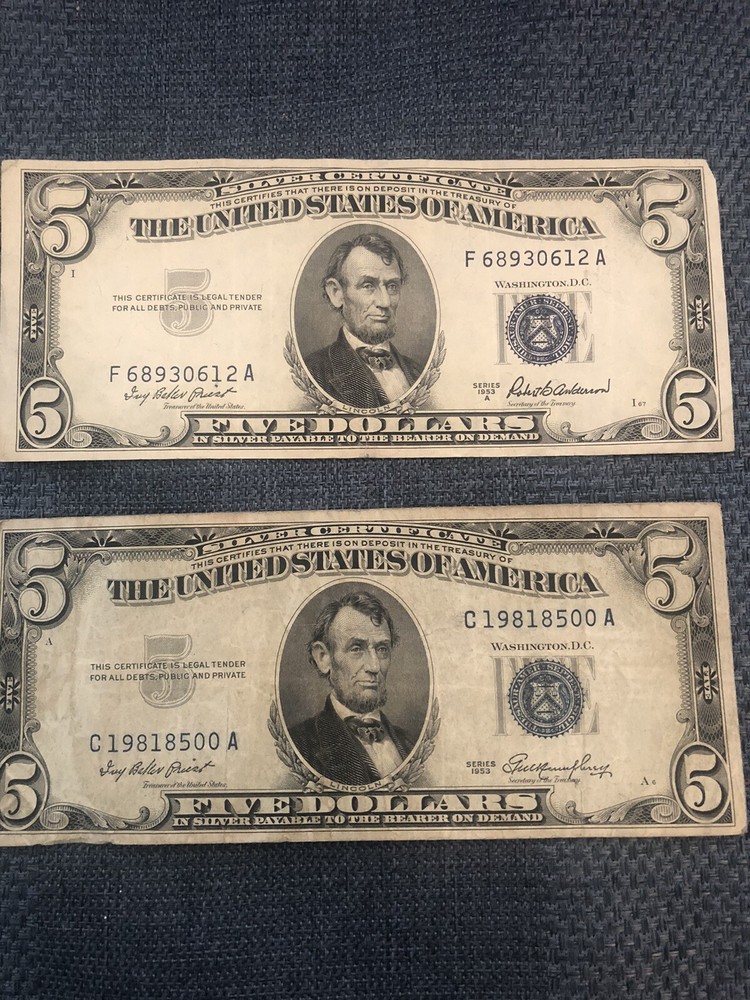 1953 And 1953A Five Dollar Silver Certificates Circulated