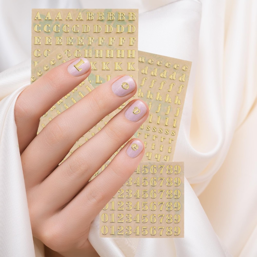 12 Sheets 3mm Tiny Letter Stickers, 3D Gold Mini Nail
