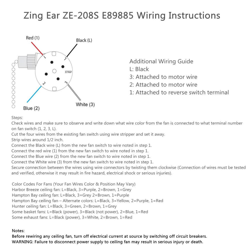 Zing Ear ZE-208S 3 Speed 4 Wire Fan Switch - Pull Chain Speed Control Switch for