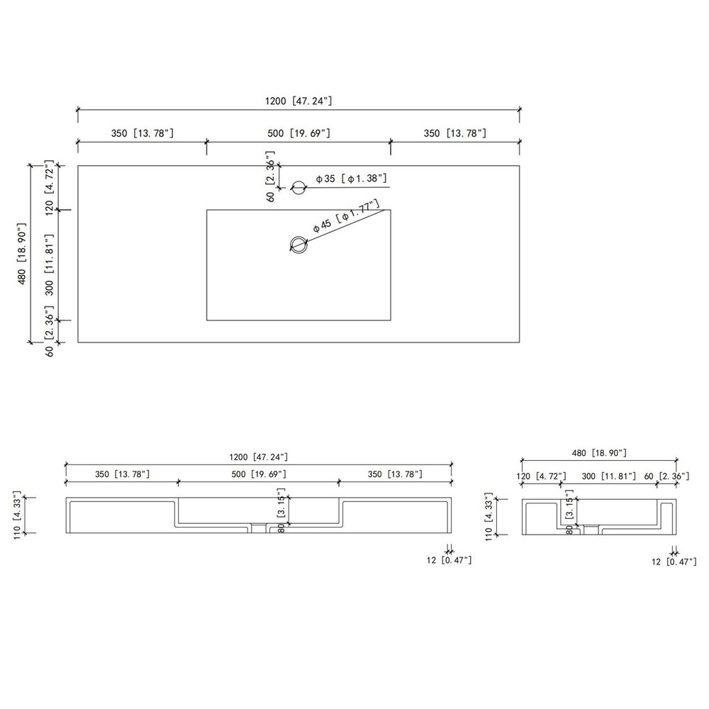 47'' Wall Mounted Bathroom Sink Solid Surface Bathroom Vessel Sink