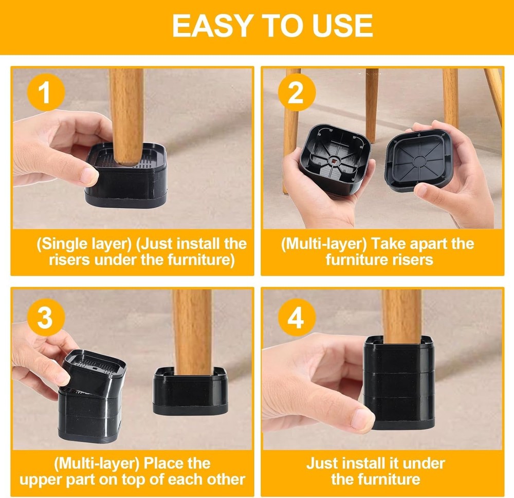 8 Pack Adjustable Furniture Risers 1-2" Heavy Duty Stackable Black