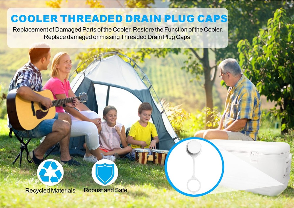 Drain Plug caps, Cooler Threaded Caps with Tether. White