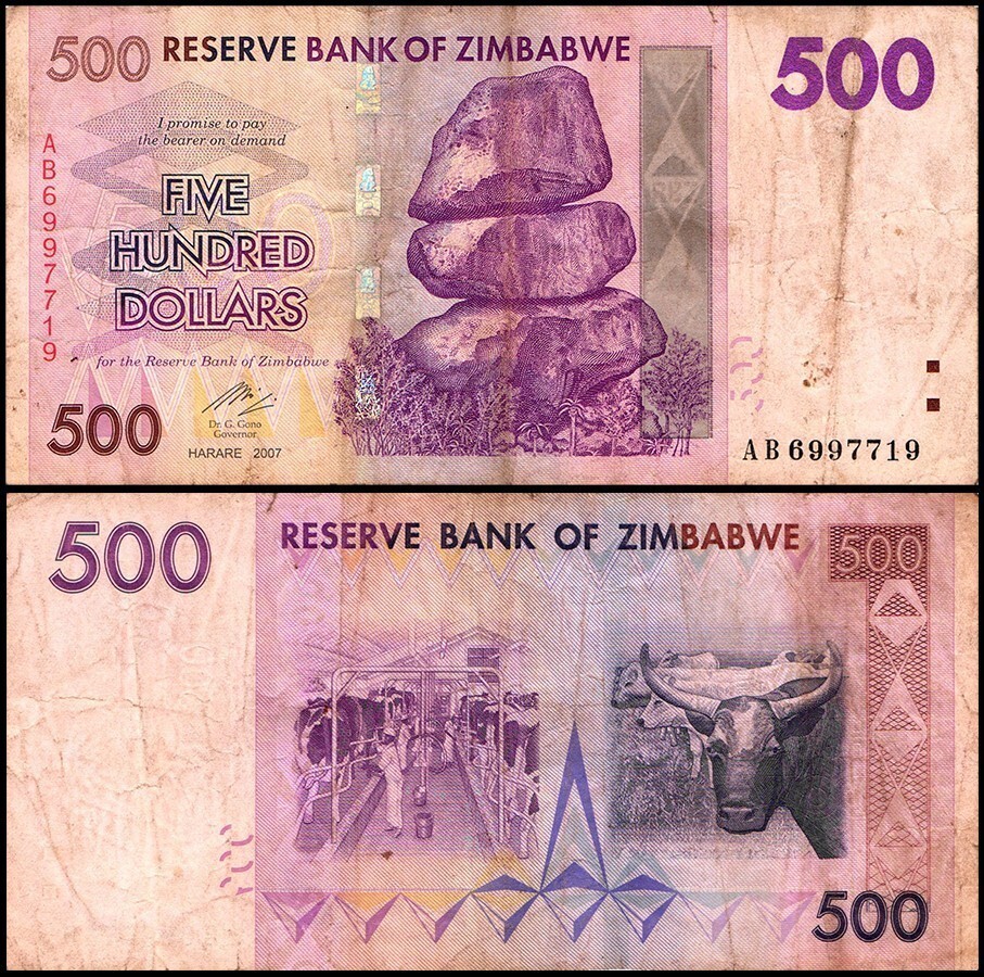 Zimbabwe 500 Dollars, 2007, P-70, Damaged