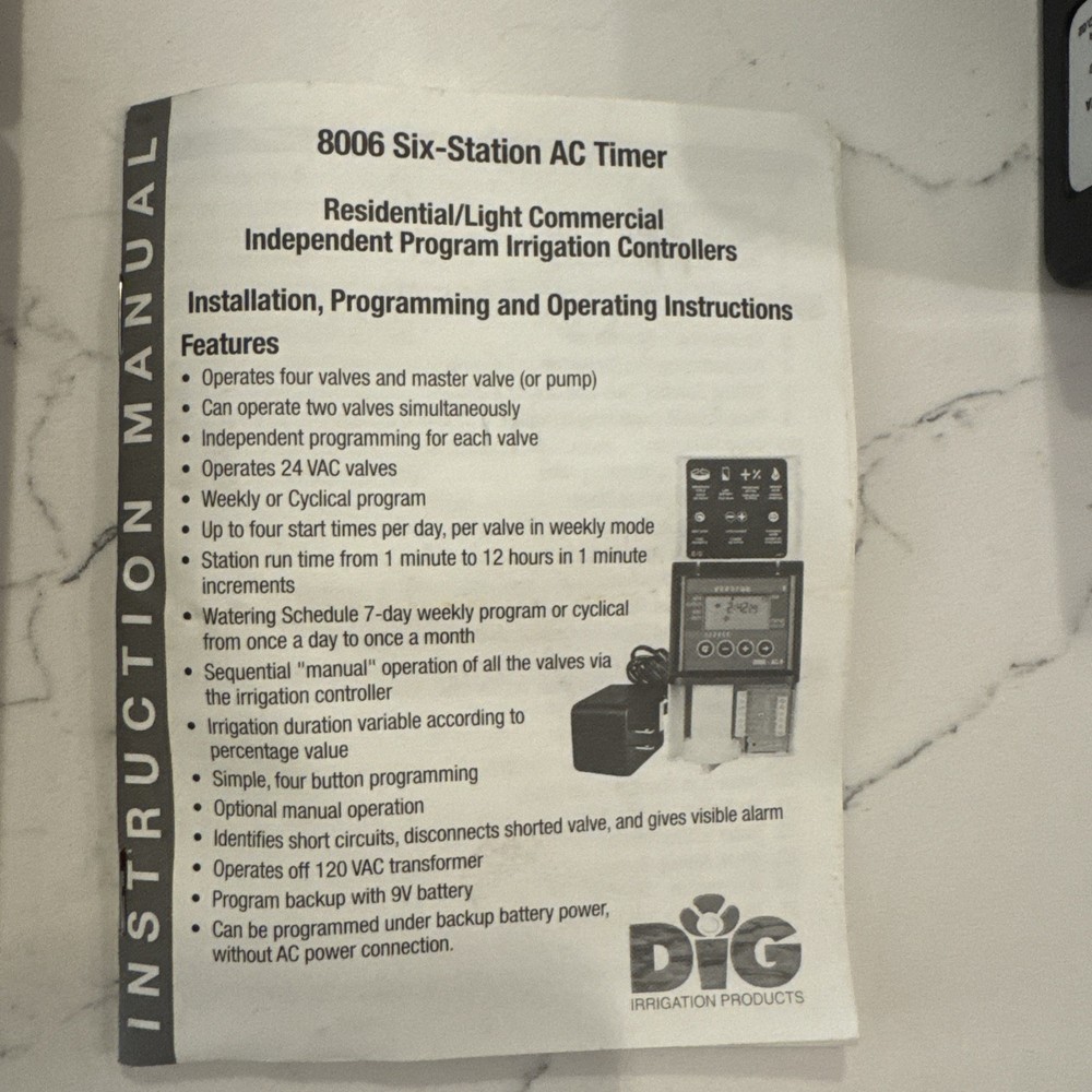 NEW Dig Irrigation 8006 6 Station Independent Program AC Controller NO SCREWS
