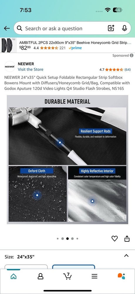 NEEWER 24''x35'' Quick Setup Foldable Rectangular Strip Softbox Bowens Mount