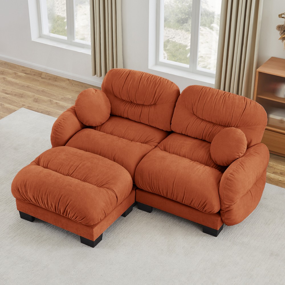 Orange L-Shape Sectional Sofa w/ Ottoman & Throw Pillows, Modular Chenille Couch