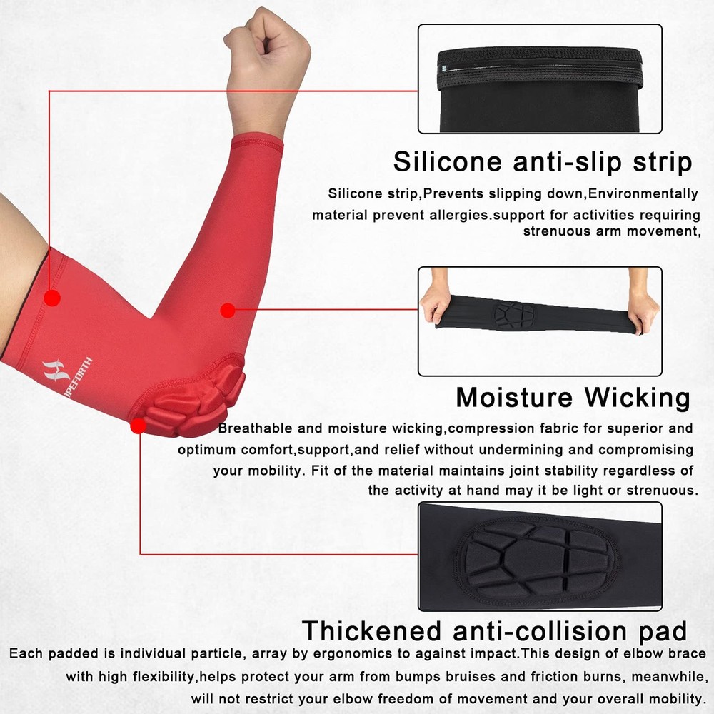 2PCS Padded Elbow Sleeves Compression Arm Protective Support Red Elbow Pad