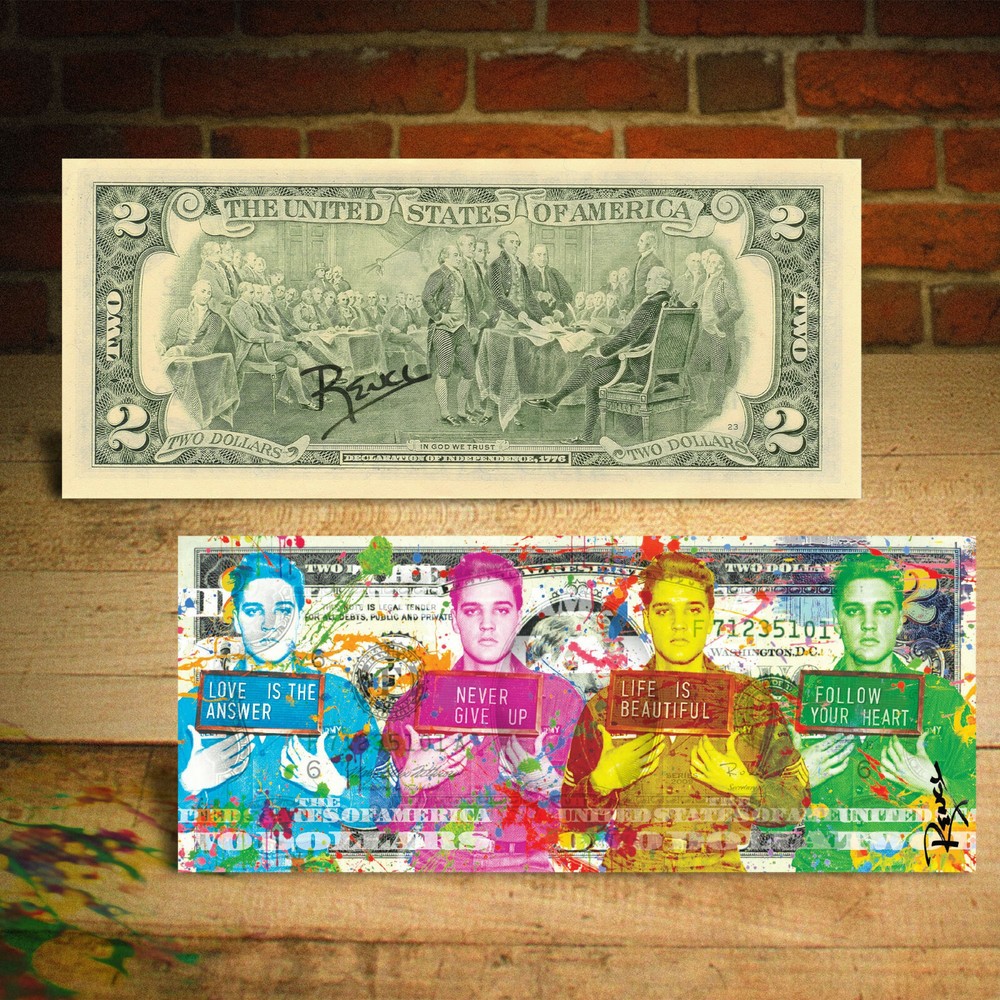 ELVIS PRESLEY PolyChrome Multi-Image Pop Art U.S. $2 Bill HAND-SIGNED by Rency