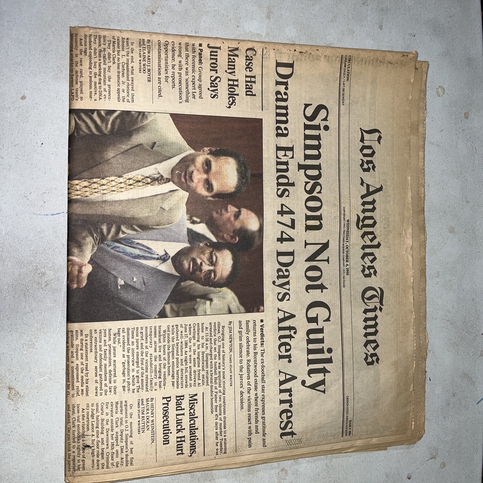 O.J. Simpson Newspaper NOT GUILTY Oct 4, 1995 LOS ANGELES TIMES - A-Section