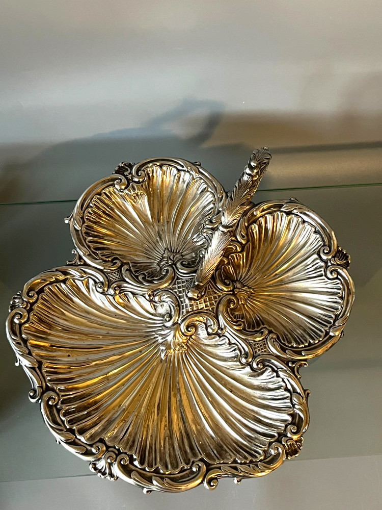 Antique Silver Plate Triple Shell Footed Serving Tray