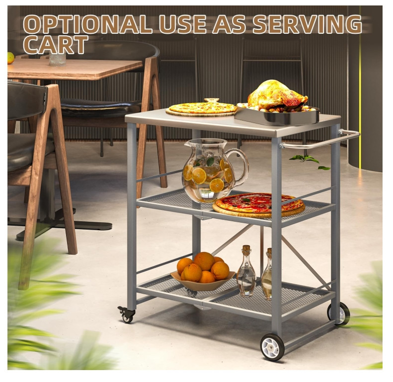 Outdoor Grill Cart Table Stainless Steel Pizza Oven Stand Trolley Table w/ Wheel