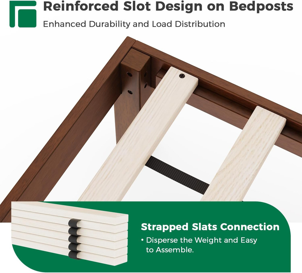 Mid Century King Size Bed Frame with Headboard, Solid Wood, Easy Assembly