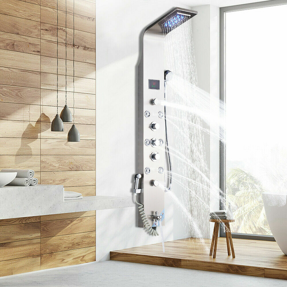 Shower Panel Tower System LED Rainfall&Waterfall Head Massage Stainless Body Jet