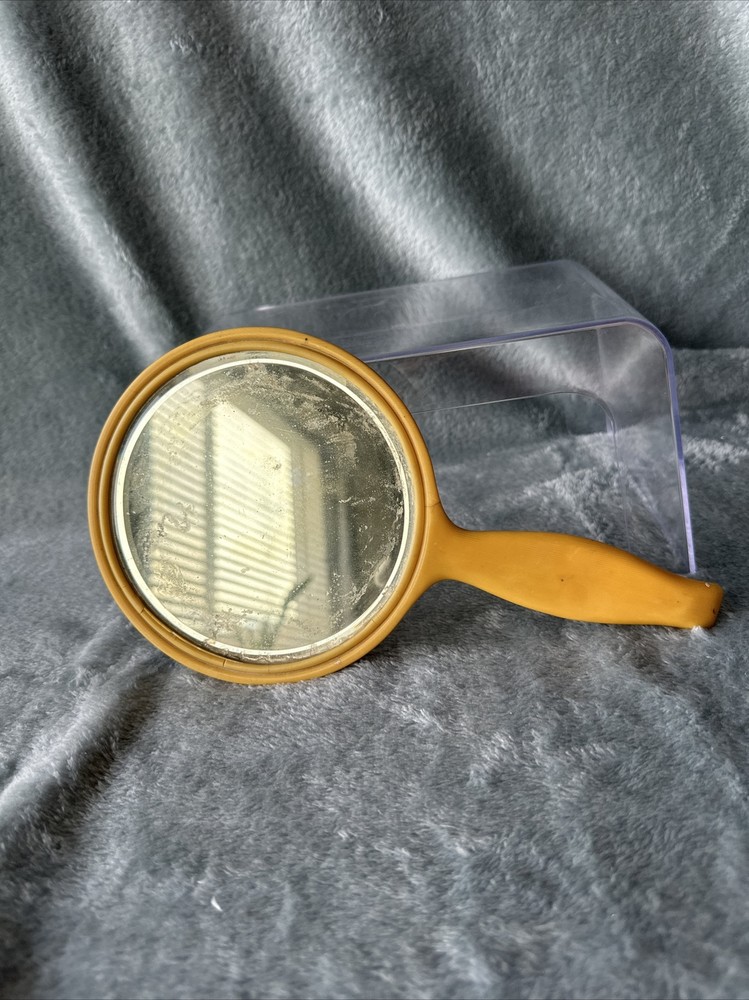 Bakelite Hand Held Round Mirror Yellow Celluloid Plastic Vintage