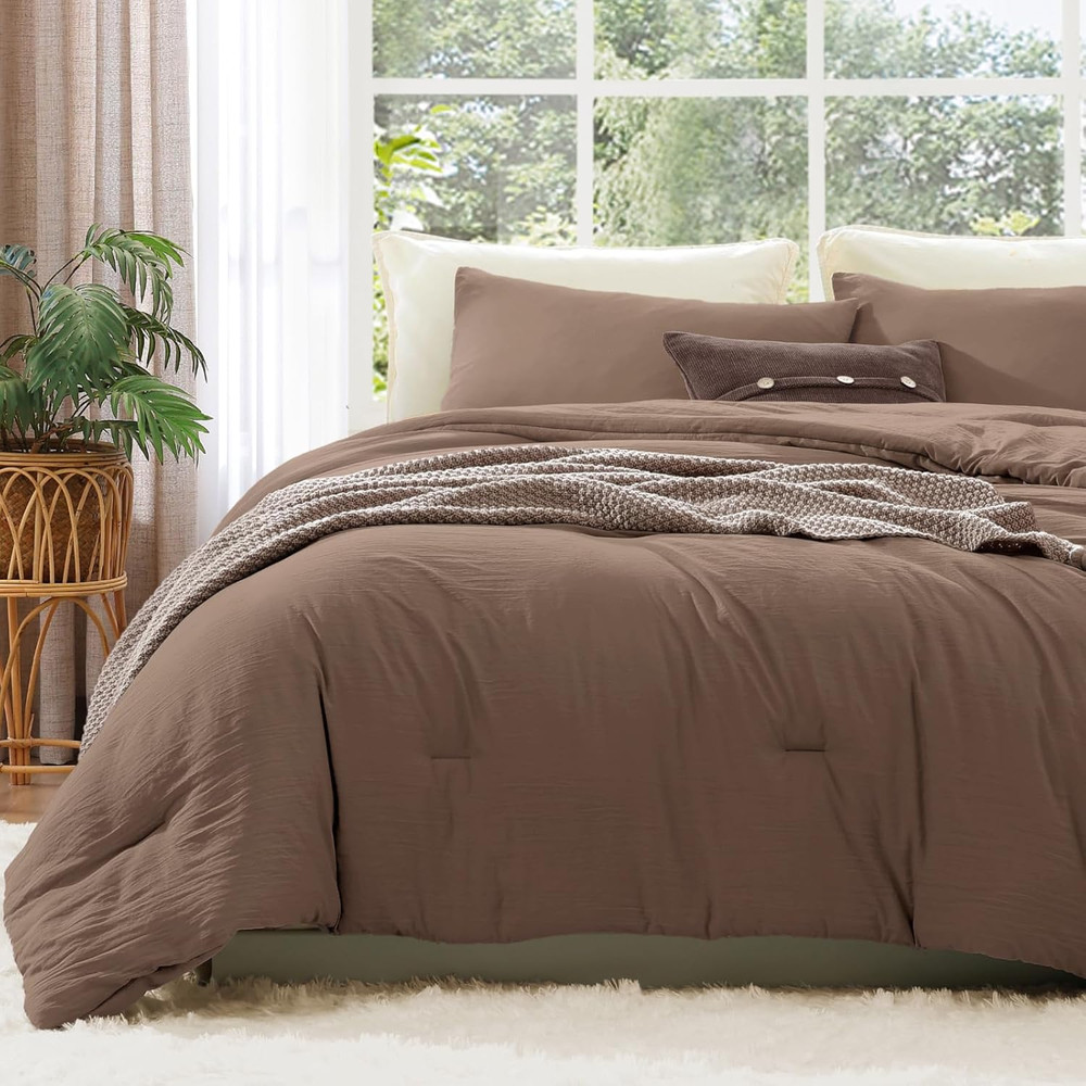 Queen Comforter Set - 3 Pieces Prewashed Brown Comforter Soft Lightweight for Al
