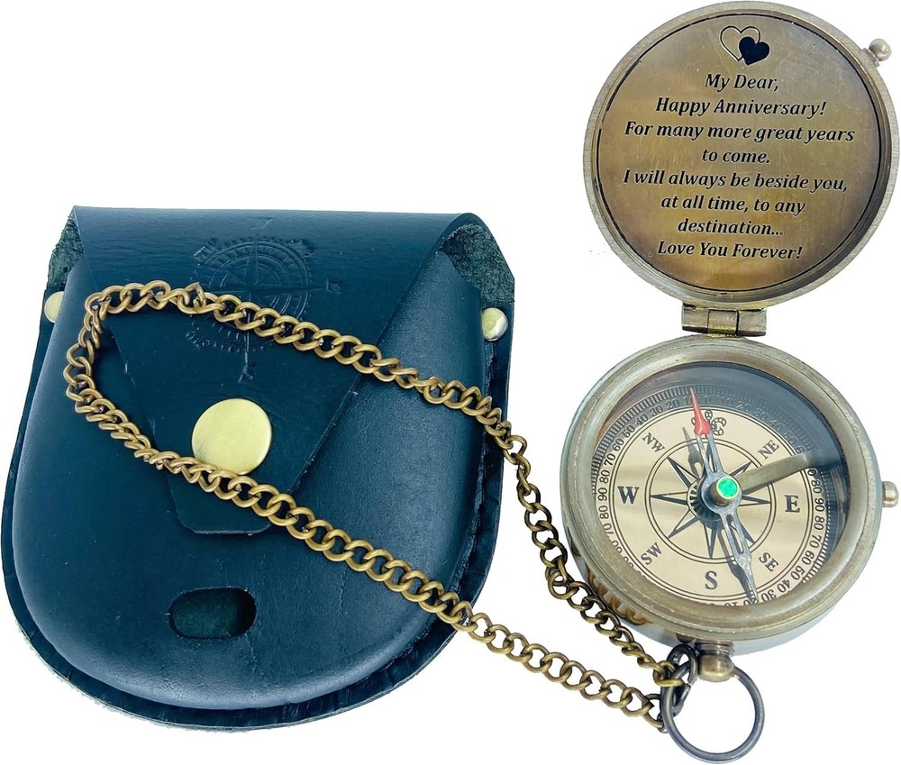 Vintage Brass Compass with Engraved Message, Chain and Leather Case