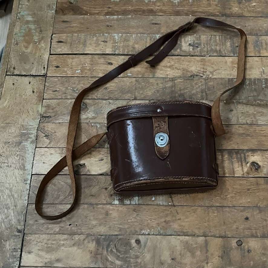 Vintage Brown Leather Binocular Case Red Lining & Leather Strap