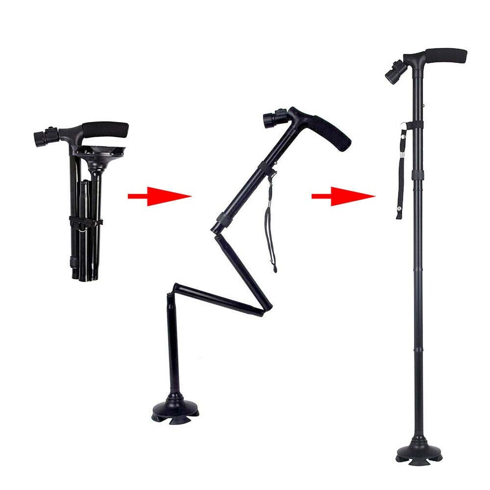 Foldable Walking Stick w/ LED Light Disability Old People Pivoting Base Cane
