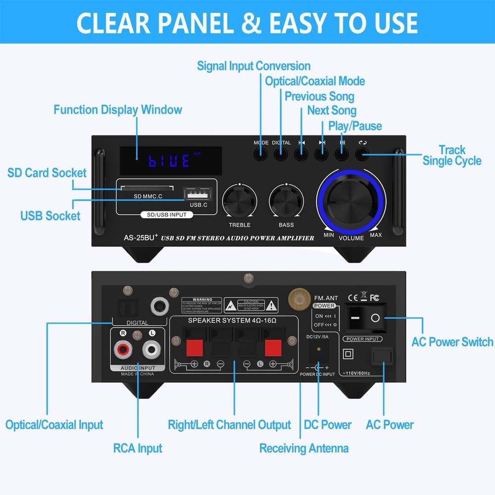 Sunbuck Small Stereo Amplifier, Receiver with Bluetooth, Black