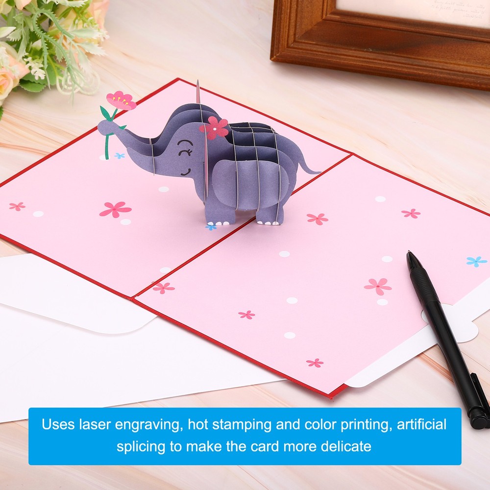 Elephant Design 3D Greeting Cards with Envelope&Note Card, Red