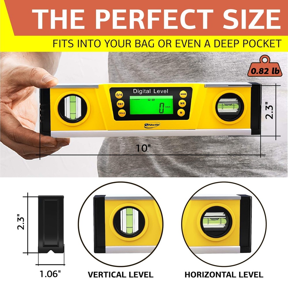 Digital Level - 10 Inch Torpedo Level And Protractor, Bright Lcd Display, Aud...