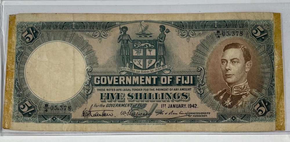 Fiji 1942 5 Shillings (#234) nice note but with tape side edge issues.