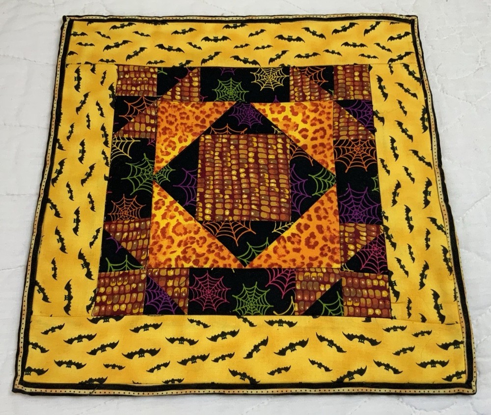 Hand Made Patchwork Quilt Table Topper, Fall, Halloween, Triangles & Squares