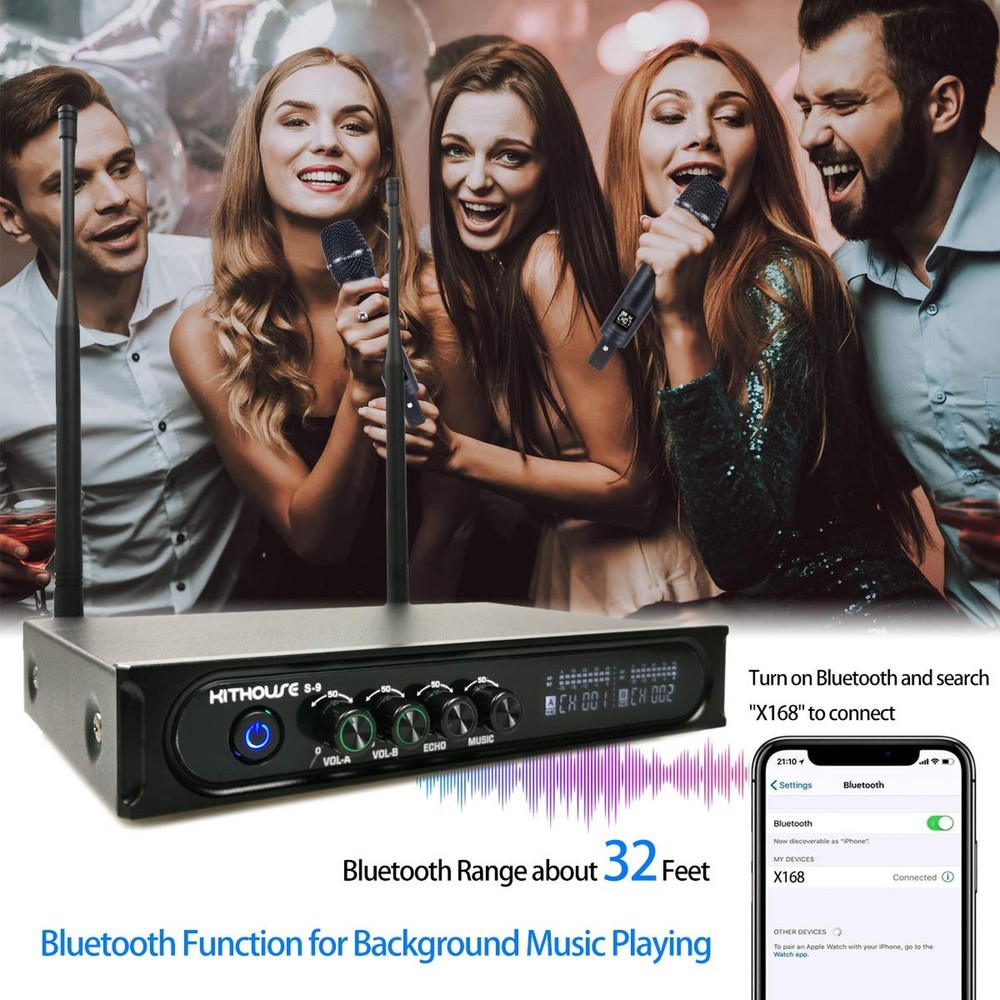 S9 UHF Rechargeable Wireless Microphone System Karaoke Mic Dual Handheld