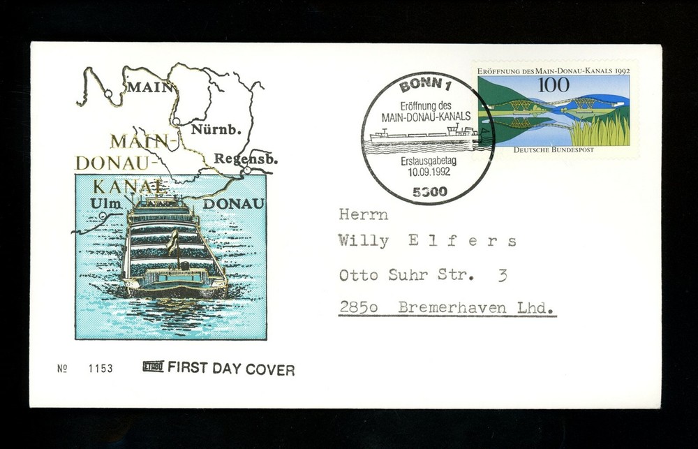 Postal History Germany FDC #1760 Main Danube water canal transportation 1992